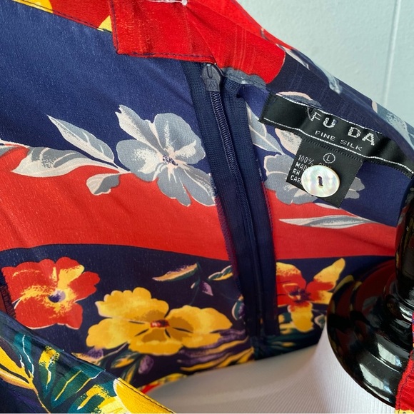 Silk Maxi Skirt Size Large FUDA Vintage Vibrant Red Yellow Blue Floral Tropical - Picture 14 of 16